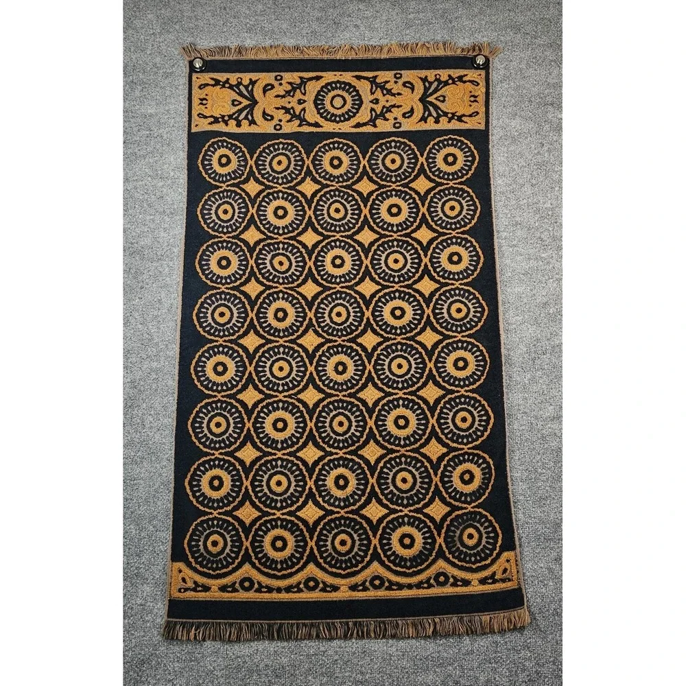 Fieldcrest Vtg MCM Hand Towel & Bath Towel Set Gold & Navy Fringe Medallion USA